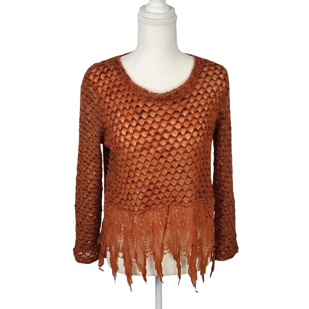 The Cove Rust Orange Open Knit Lace Fringe Hem Sweater Small T125205 Boho‎